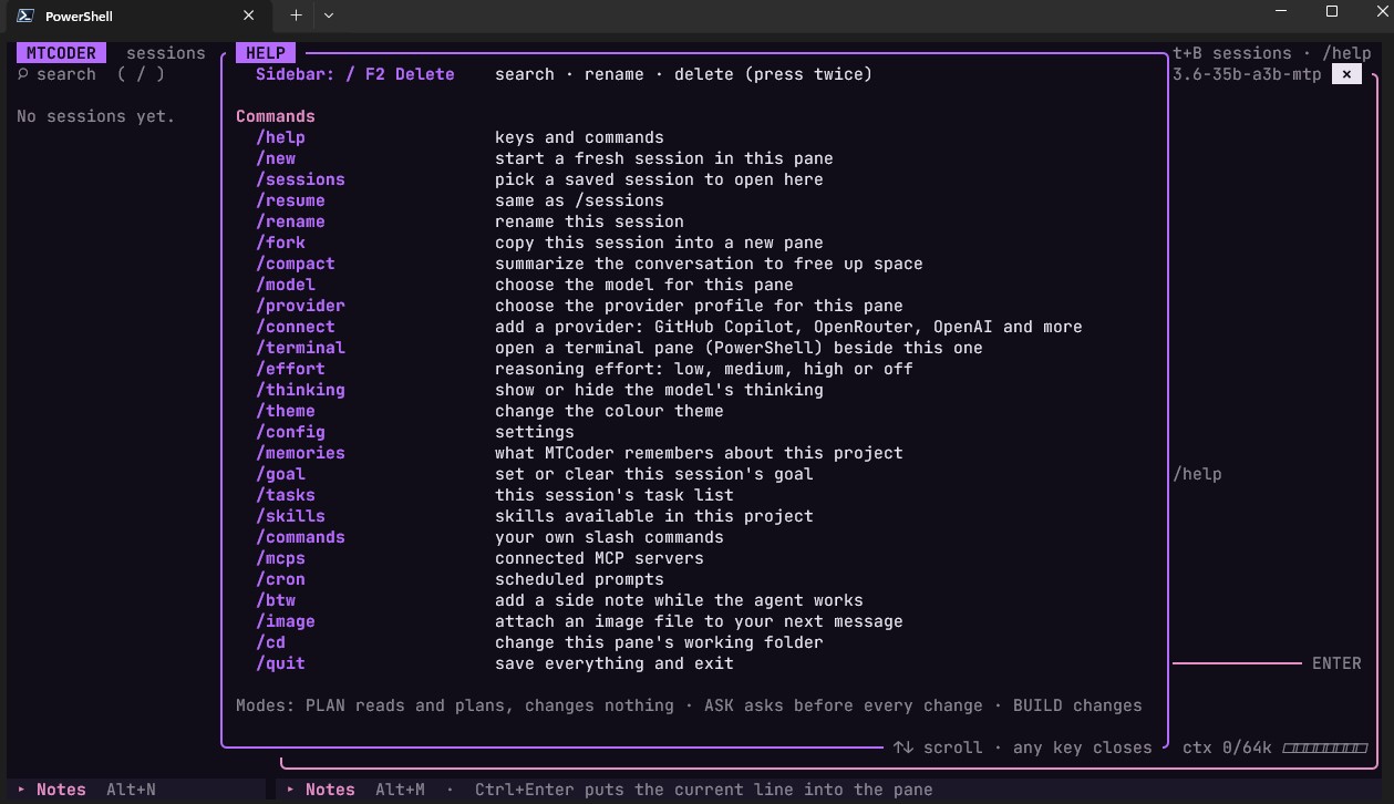 MTCoder help screen listing slash commands such as /sessions, /fork, /connect, /terminal, /memories, /goal, /tasks and /cron