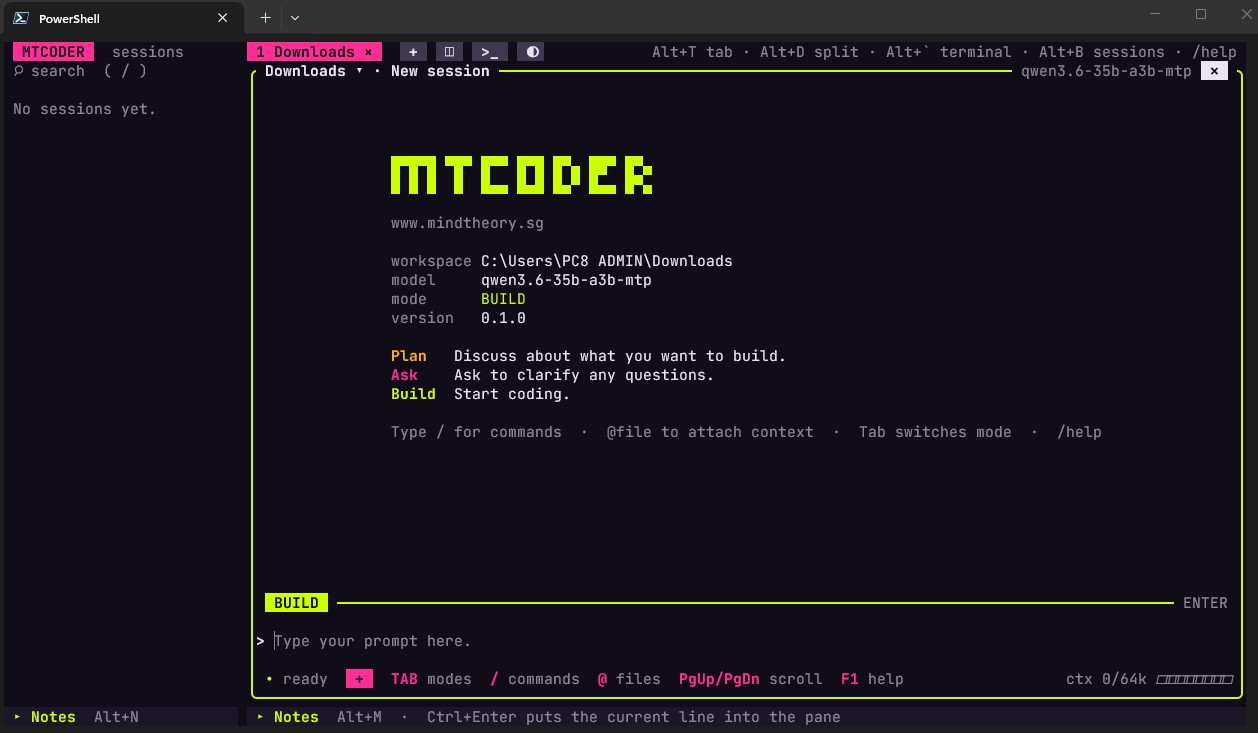 MTCoder start screen with the sessions sidebar, tab bar and the Plan, Ask and Build modes