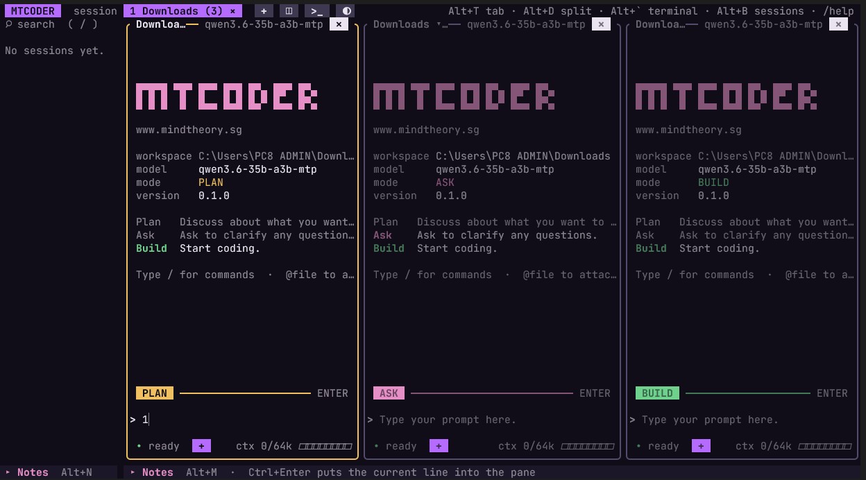 Three MTCoder panes side by side, in Plan, Ask and Build modes