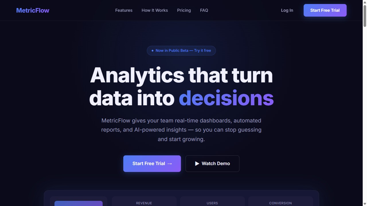MetricFlow SaaS landing page preview