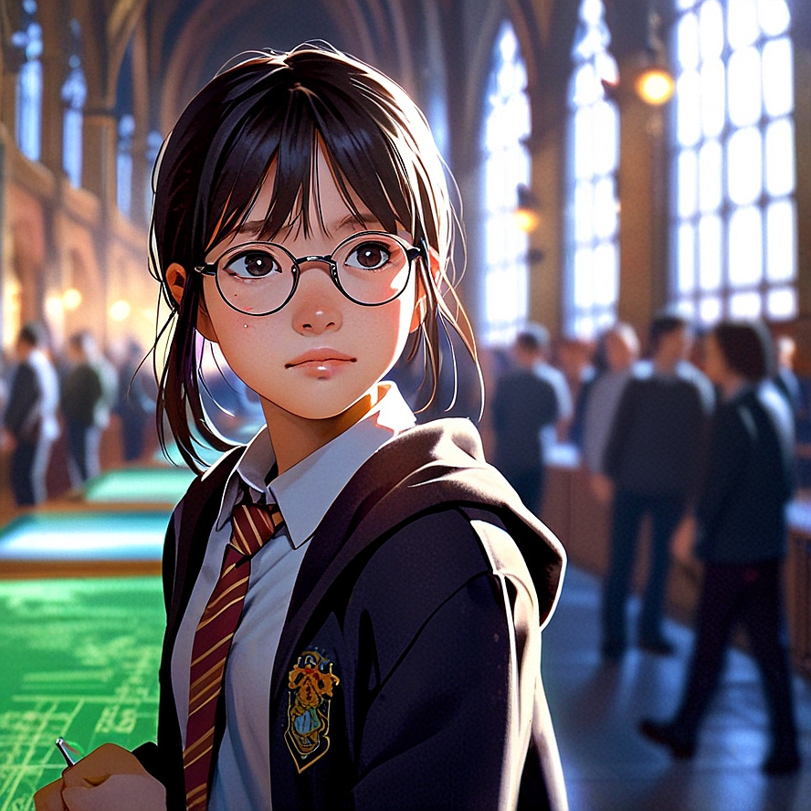 Young girl in Hogwarts robes, holding pencil, standing in grand hall