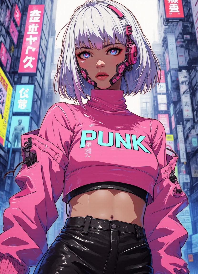 Pink punk girl with cybernetic headset stands in neon-lit city street