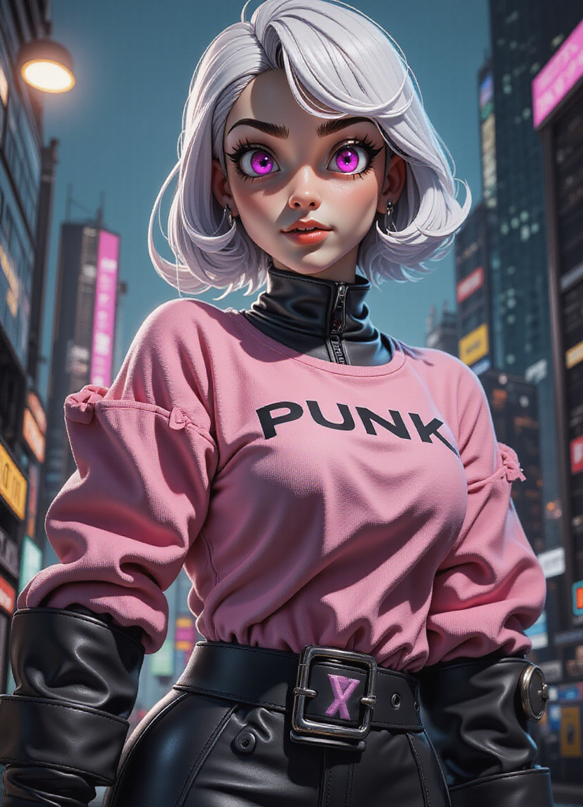 Silver-haired punk girl in pink sweatshirt and black leather gear