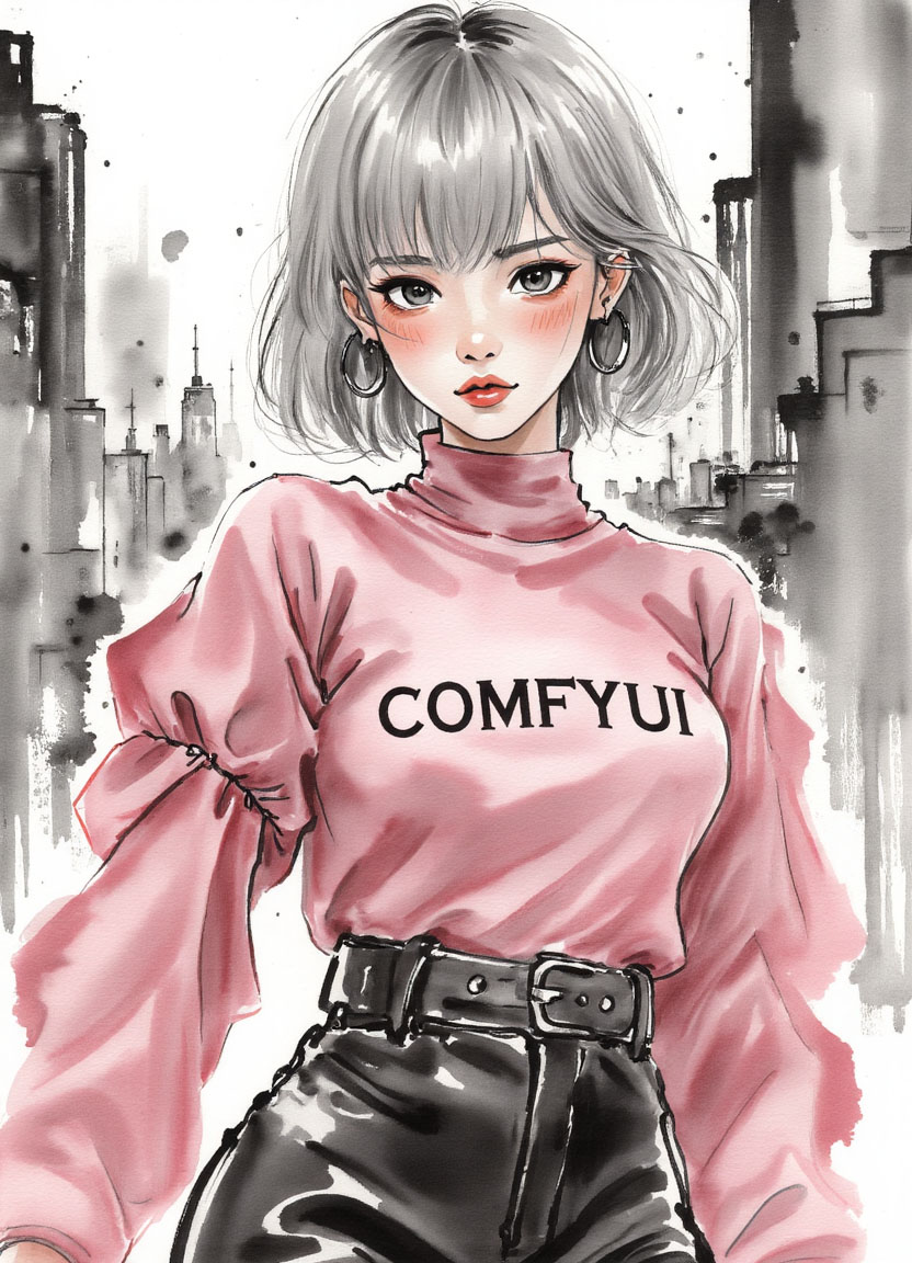 Silver-haired girl in pink "COMFYUI" shirt, urban cityscape background