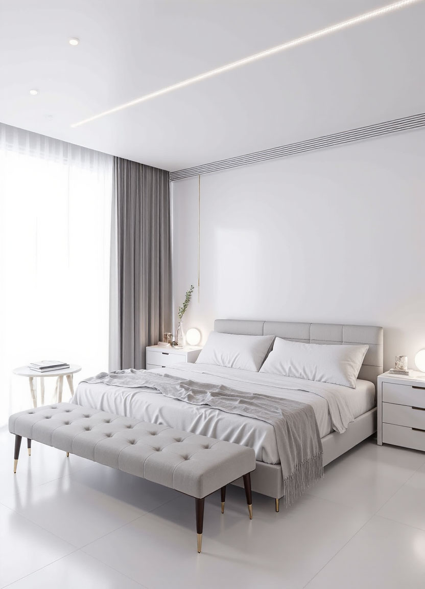 Modern minimalist bedroom with white furniture and soft lighting