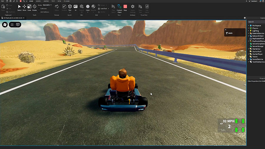 Racer in orange suit drives blue kart on desert highway