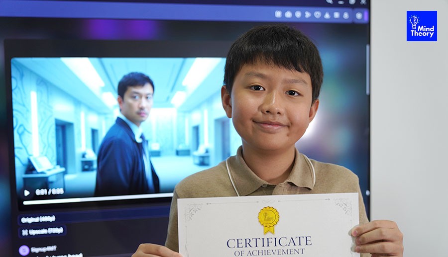 Young boy holds certificate, smiling in front of TV screen