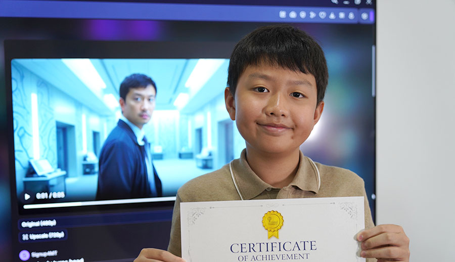 Young boy holds certificate, smiling in front of TV screen