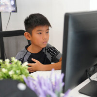 Young boy focused on computer screen in office setting