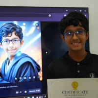 Boy holds certificate, smiles beside screen showing his AI-generated portrait