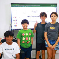 Four children pose in front of a screen displaying "5 Day AI Storytelling" course