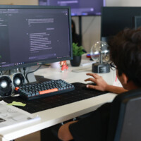 Person coding at desk with monitor, keyboard, and plants