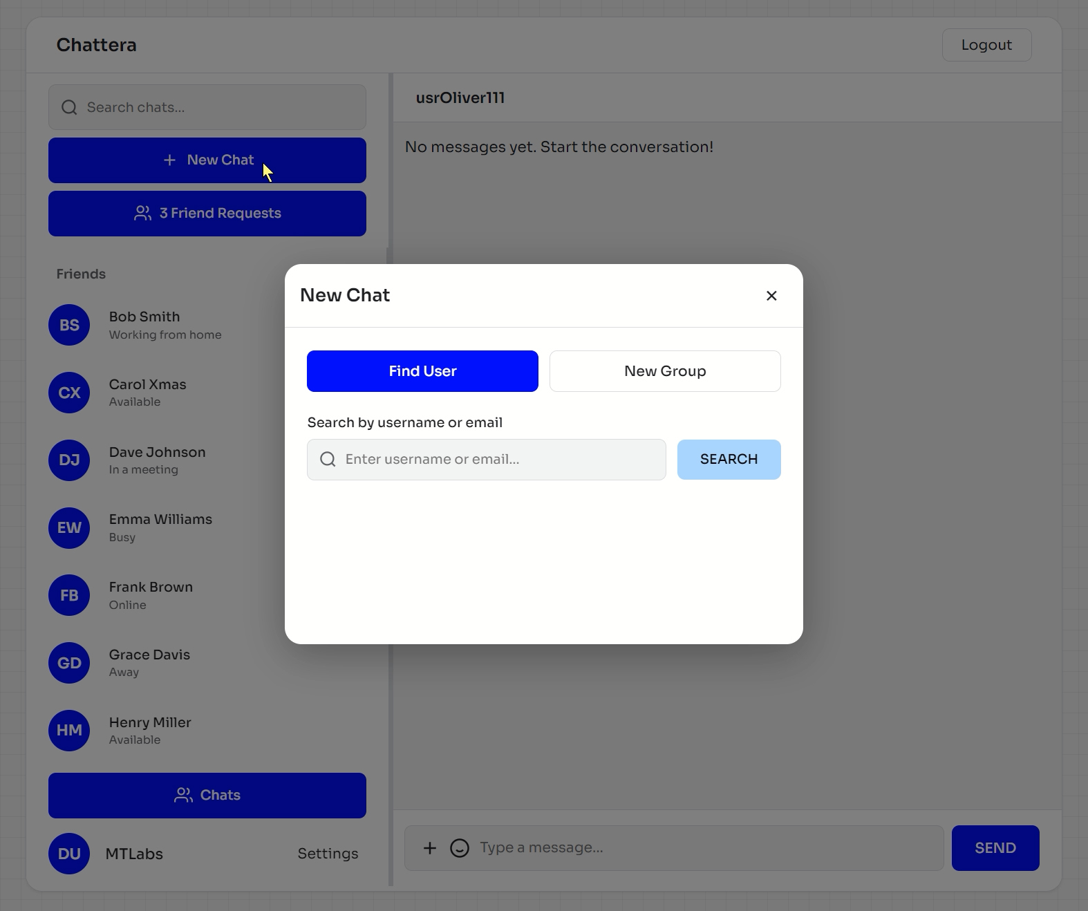 Chat app interface with new chat window open for user selection