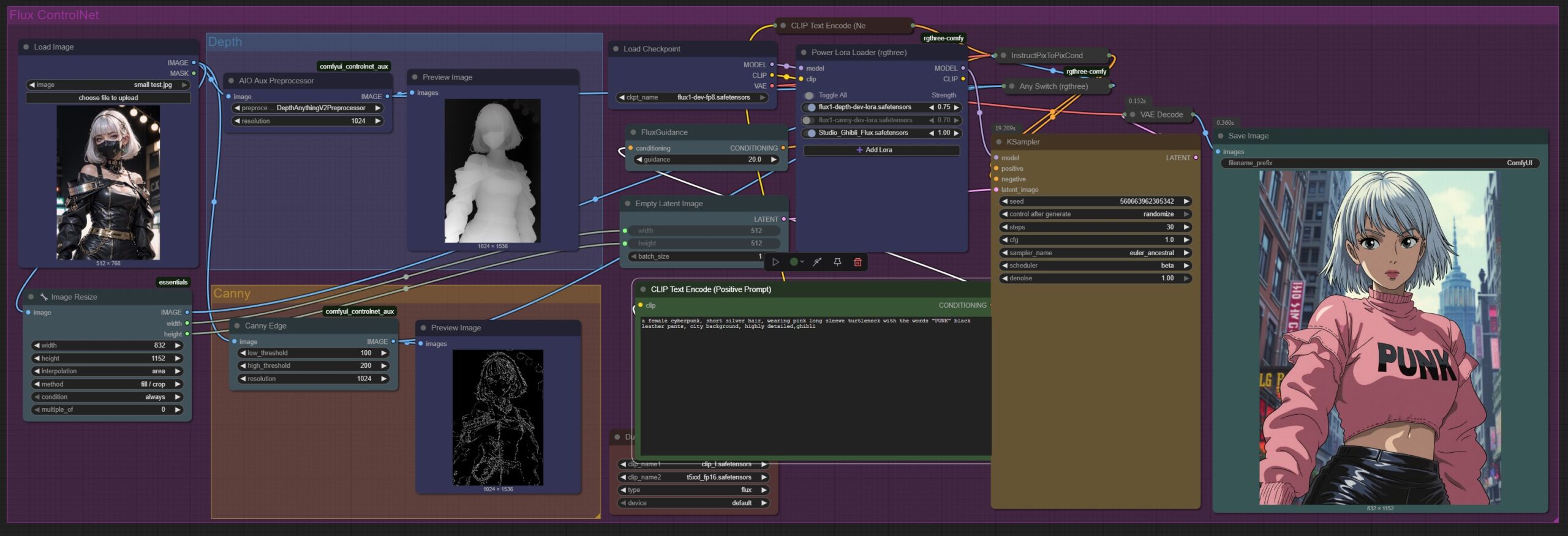 Anime character creation interface with multiple panels and connections