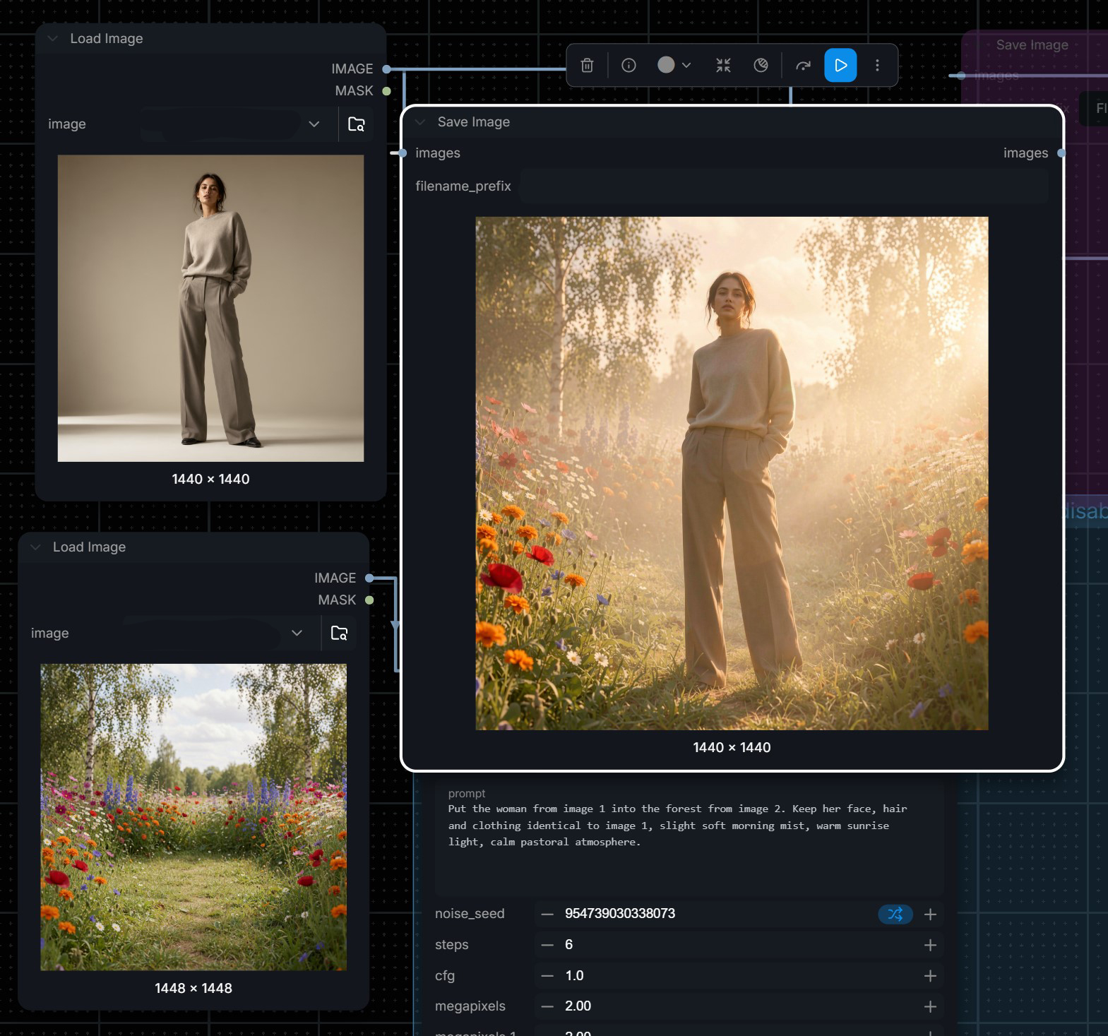 ComfyUI image editing: relighting a scene with sunrise light