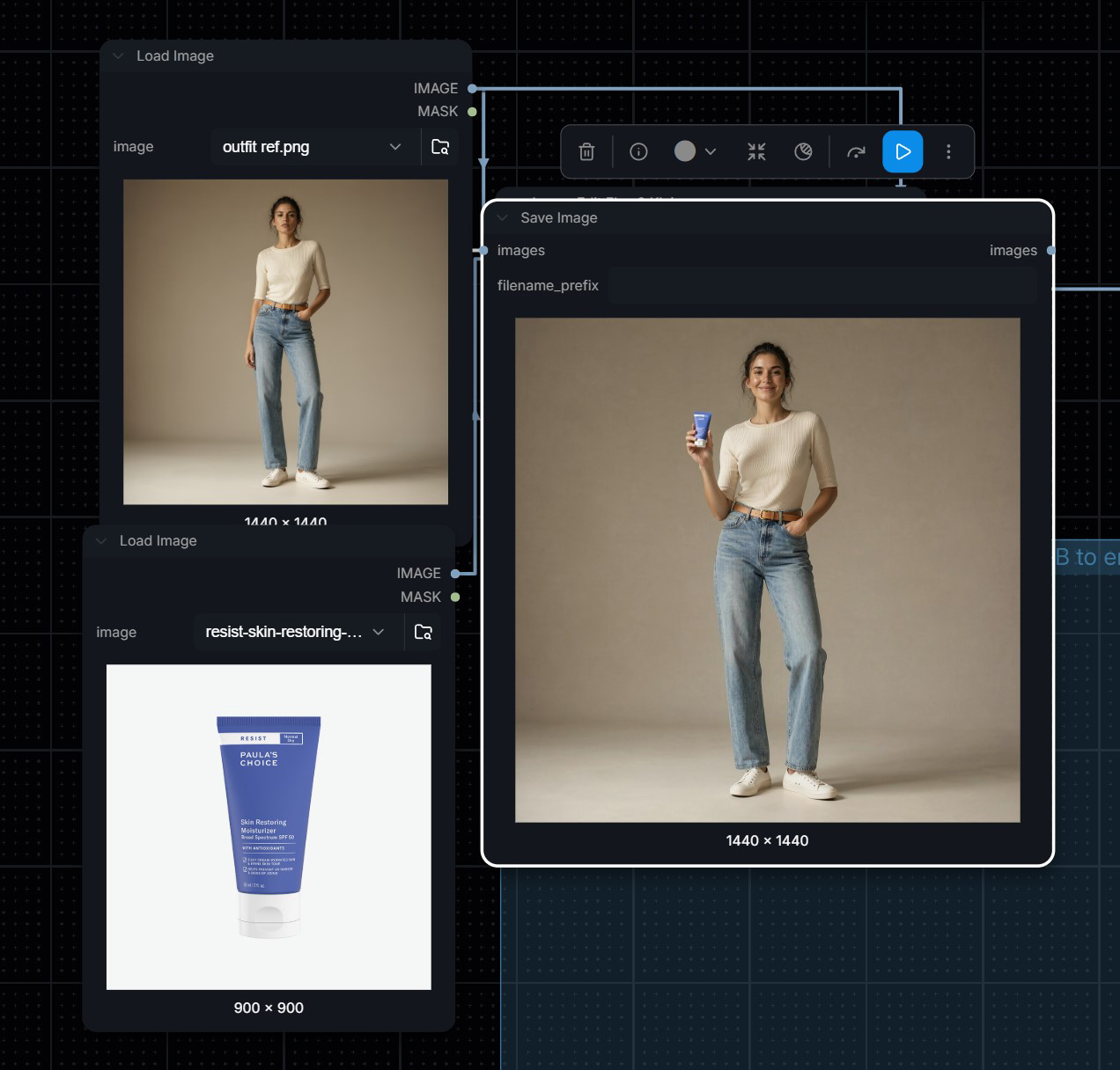 ComfyUI image editing: a new pose with the product in hand