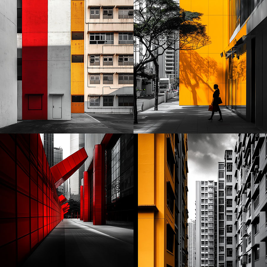 Urban streetscape with bold red and yellow architectural contrasts