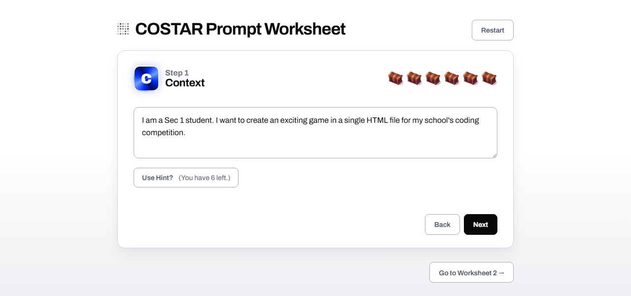 COSTAR prompt worksheet, Coding subject, Context step