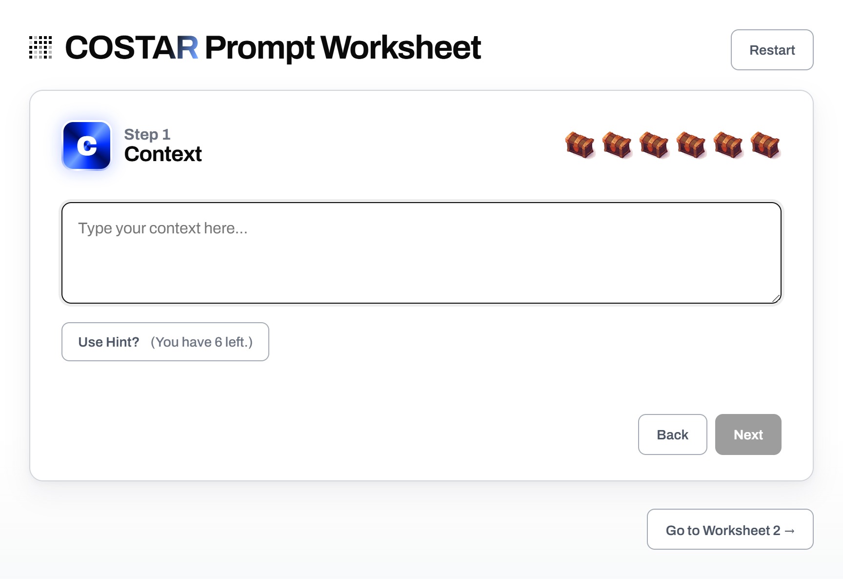 COSTAR prompt worksheet, English, Step 1 Context COSTAR prompt worksheet, English, Step 1 Context