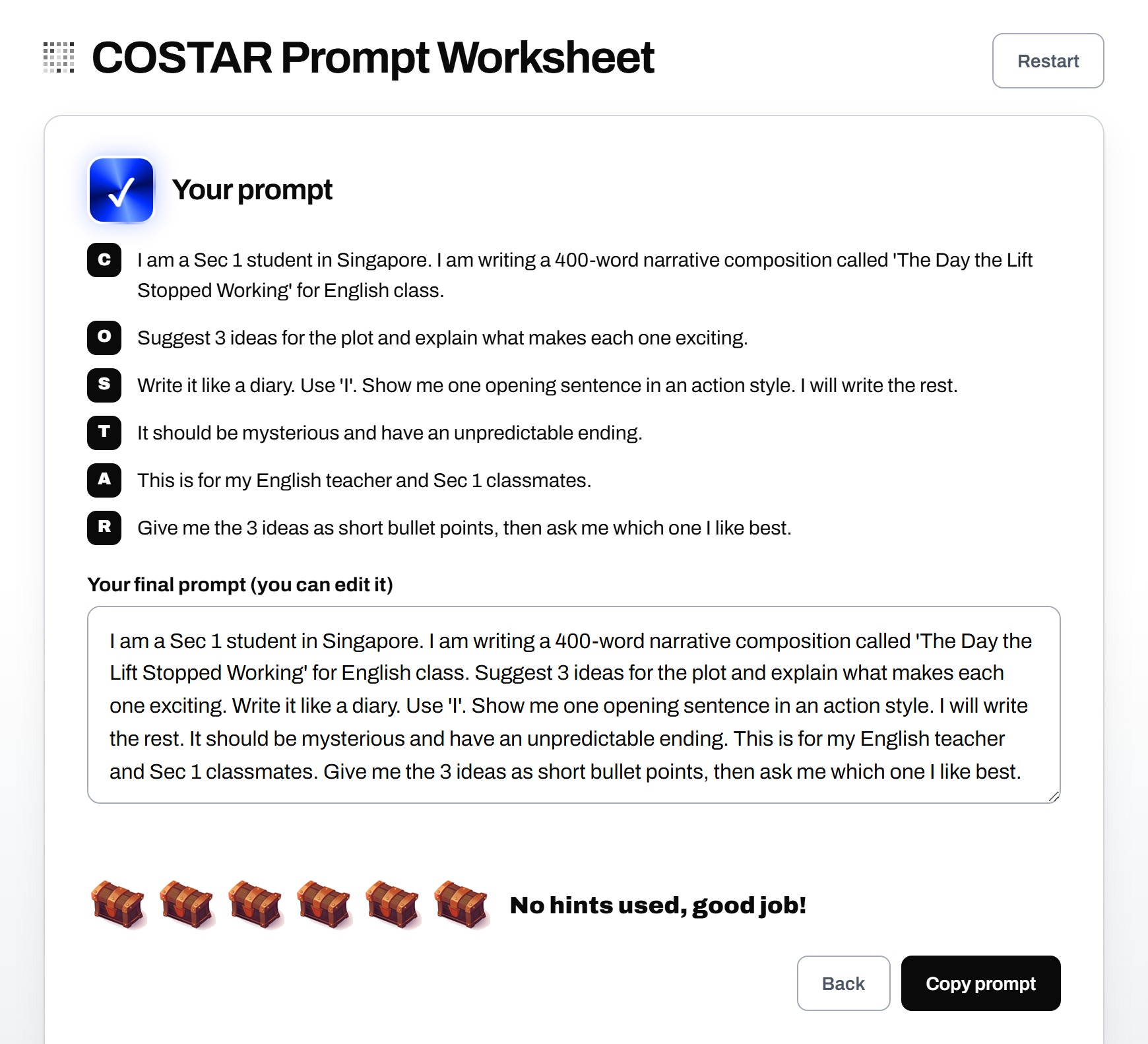 COSTAR prompt worksheet, English, finished prompt built from all 6 answers COSTAR prompt worksheet, English, finished prompt built from all 6 answers