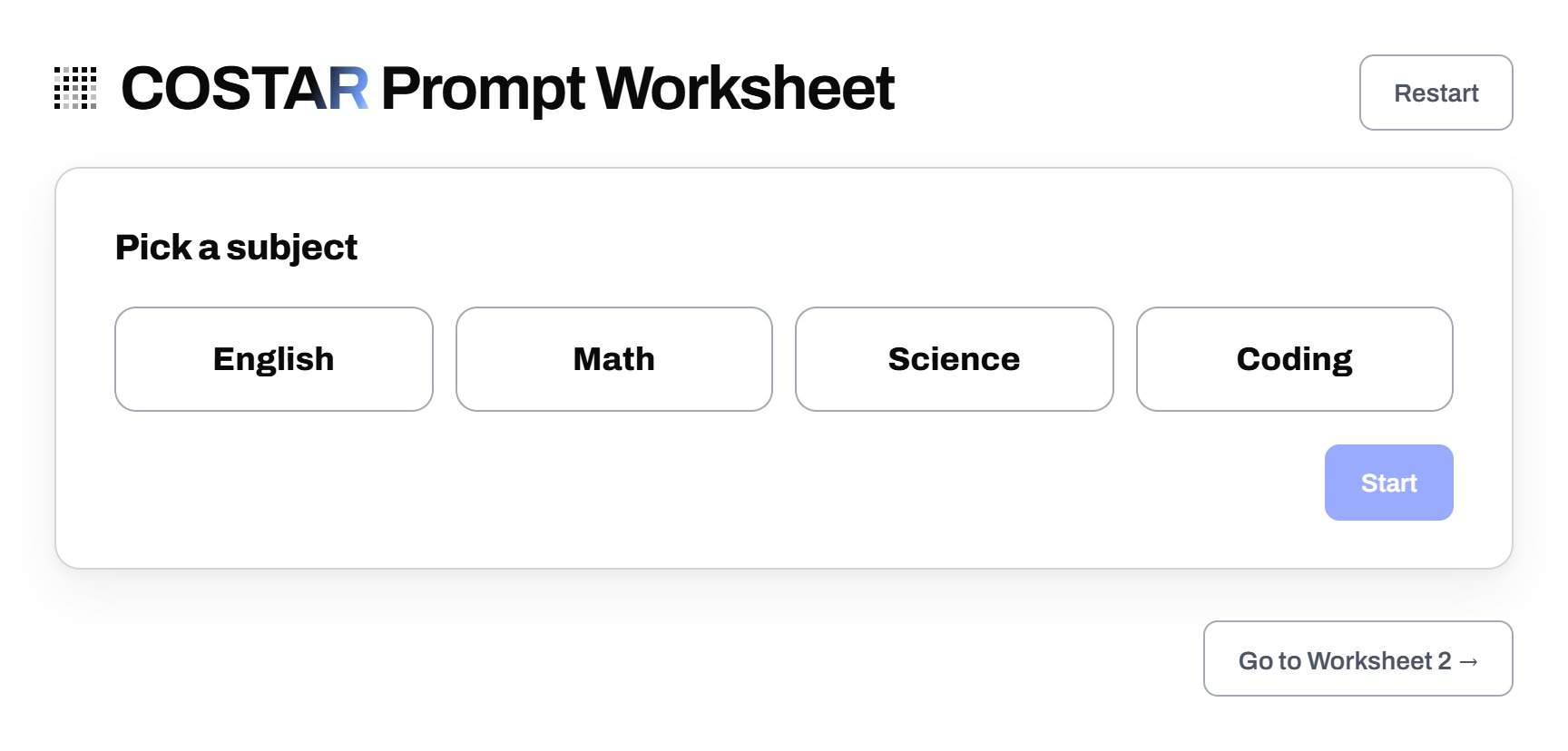 COSTAR prompt worksheet, pick a subject: English, Math, Science or Coding COSTAR prompt worksheet, pick a subject: English, Math, Science or Coding