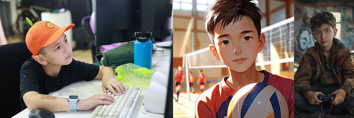 Three young boys engaged in different activities: gaming, sports, and computer use