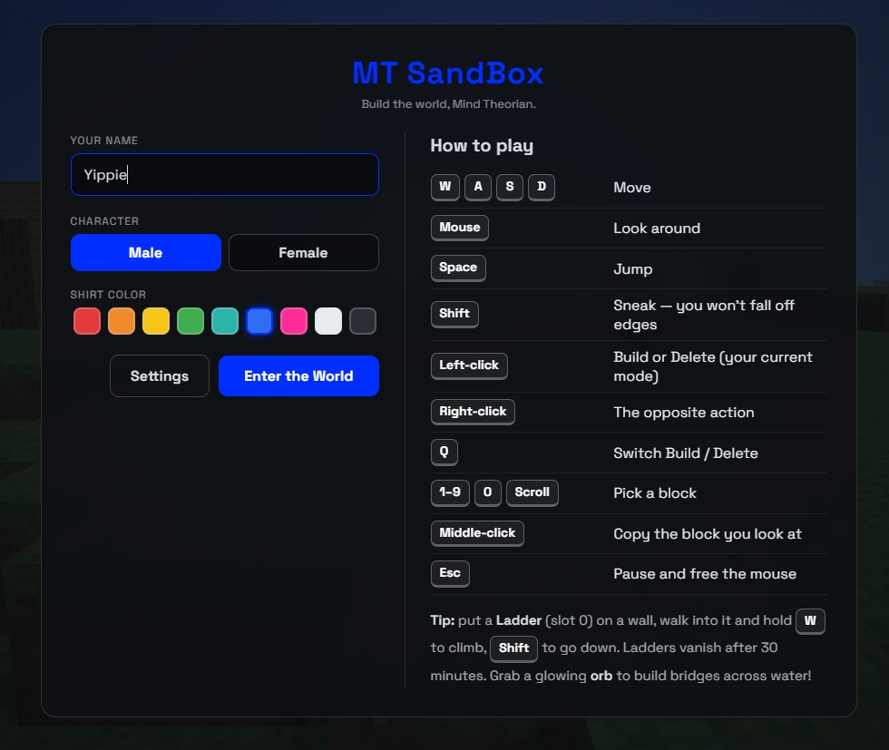 MT SandBox start screen with character setup and how to play MT SandBox start screen with character setup and how to play