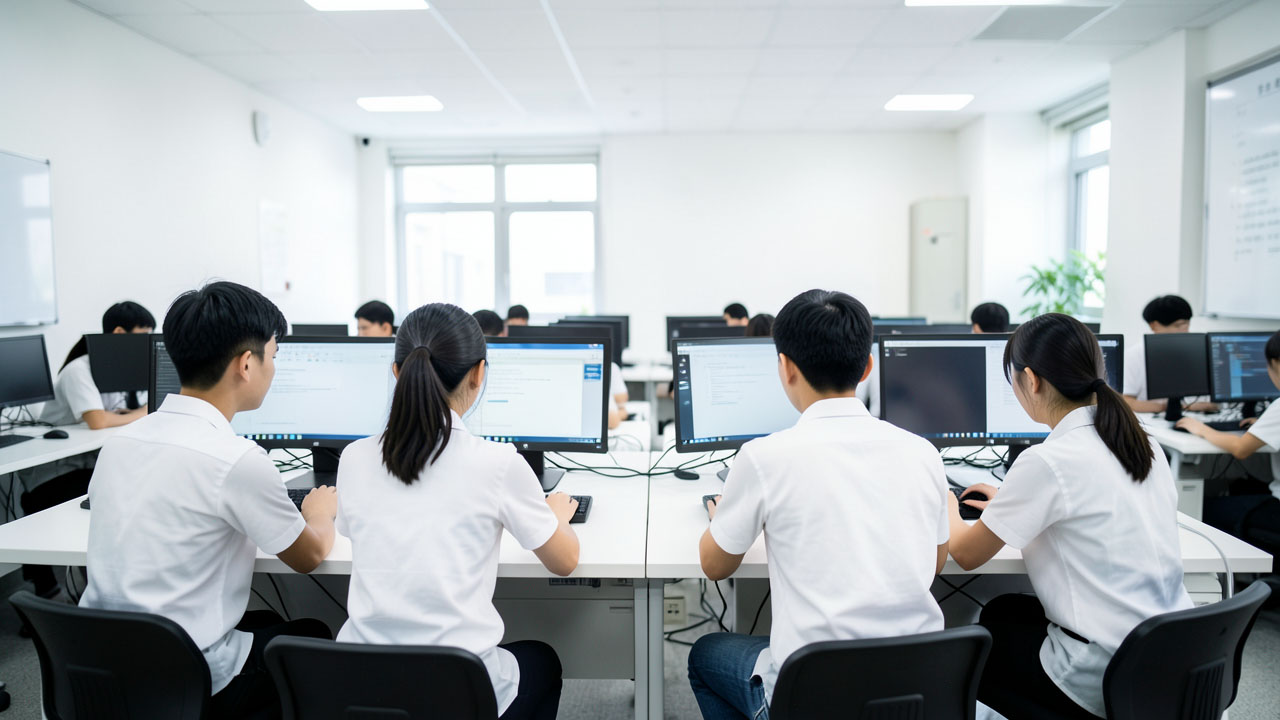 Students in white shirts work at computers in a bright classroom