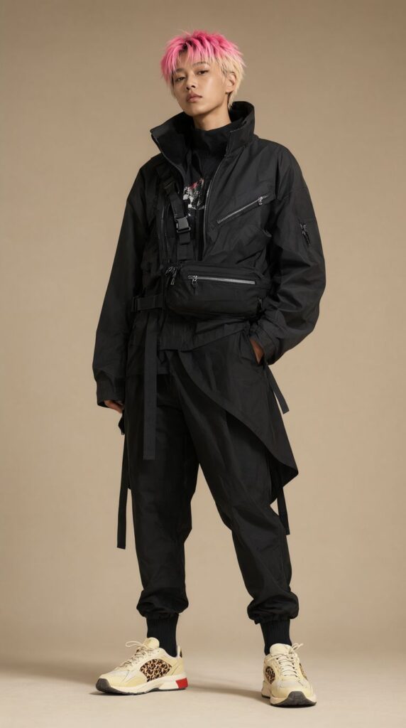 AI model with pink hair in black techwear, generated in ComfyUI
