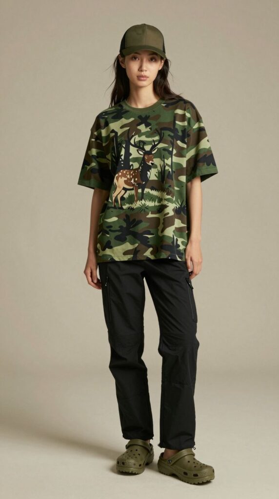 Camouflage deer print tee on an AI model, Z-Image in ComfyUI