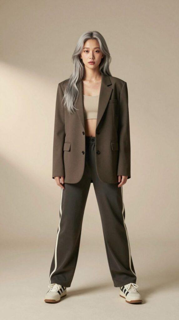 AI fashion model with silver hair in an oversized brown blazer, Z-Image in ComfyUI