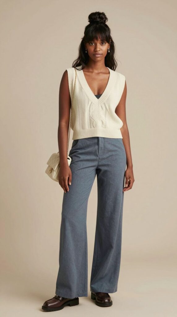 AI fashion model in a cream knit vest and wide-leg trousers, Z-Image in ComfyUI