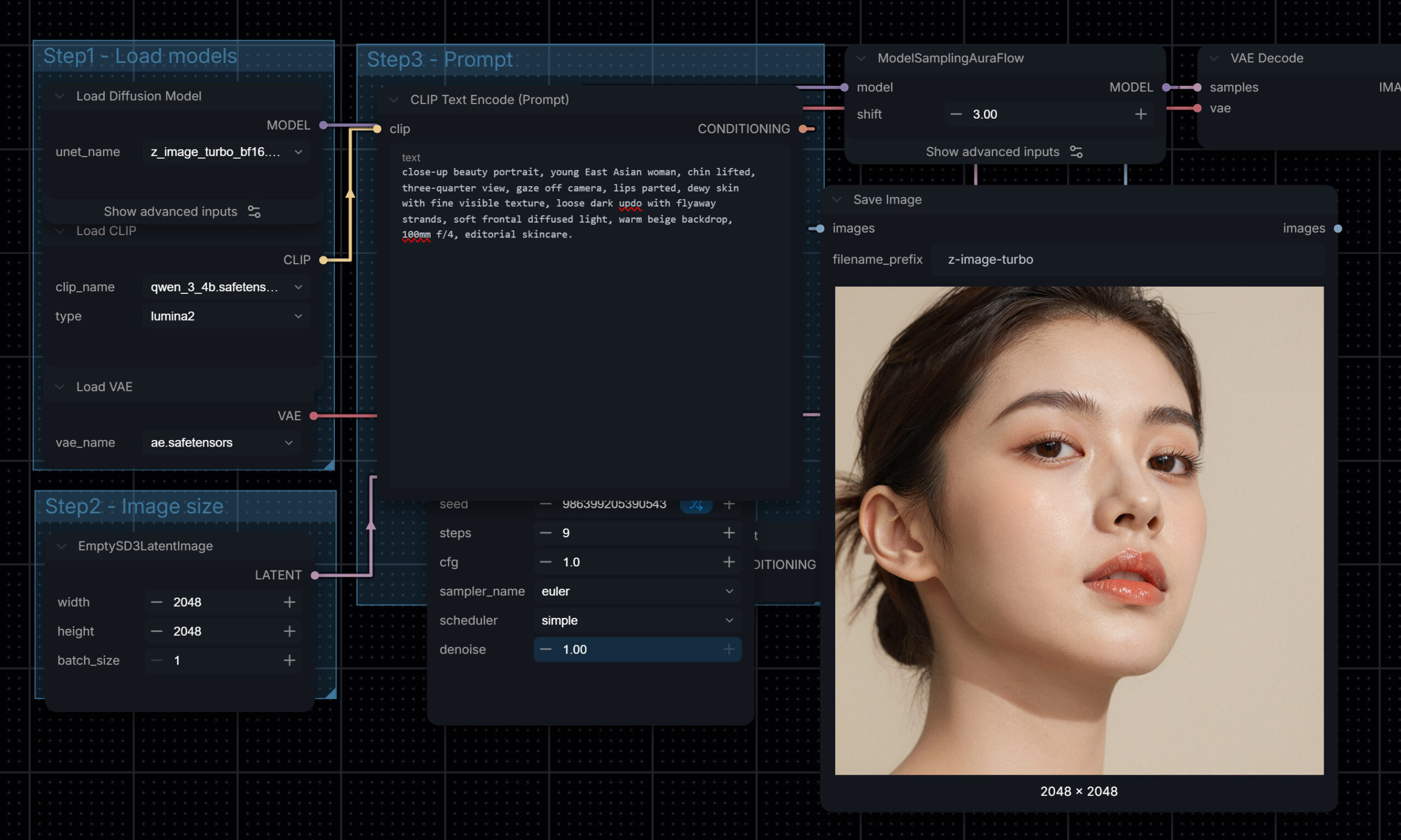 Z-Image Turbo beauty portrait workflow in ComfyUI